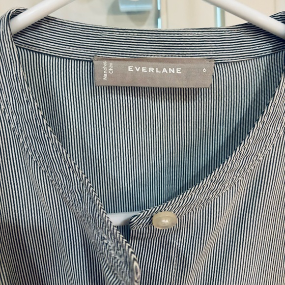Everlane Cotton Weave Collarless Belted Shirtdress pinstripe Sz 6 pockets navy - Picture 10 of 16